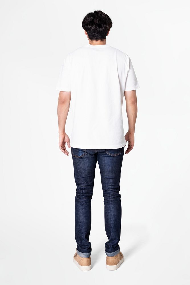 Man mockup psd wearing t-shirt with jeans men&rsquo;s basic wear full body rear view