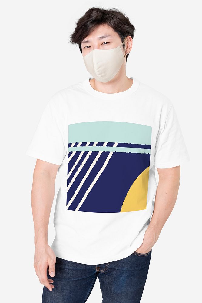 Man wearing face mask and abstract printed t-shirt studio portrait