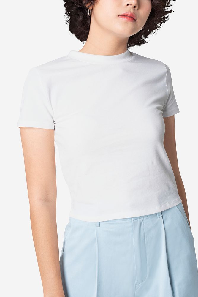 Beautiful woman in basic white t-shirt with design space