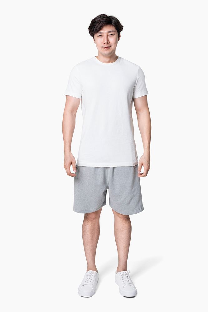 Man mockup psd with white t-shirt and gray shorts men&rsquo;s sportswear apparel full body