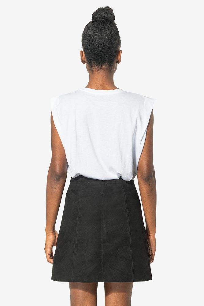 Black suede a-line skirt with design space women&rsquo;s street fashion rear view