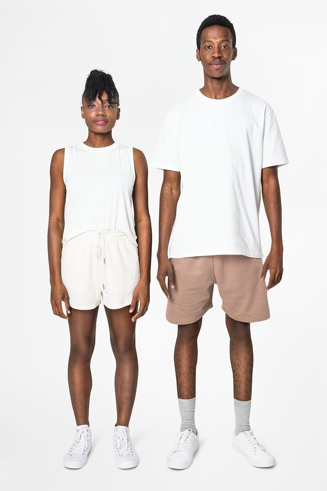 Couple in white tank top and shorts with design space loungewear fashion