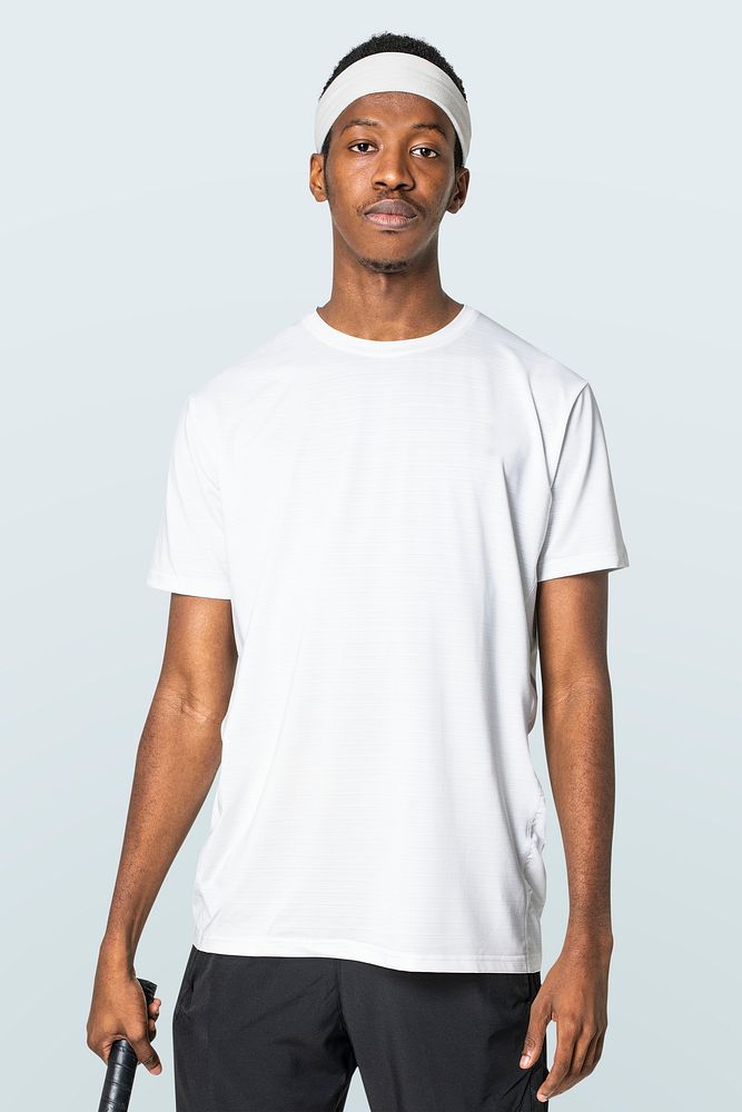 Man in white t-shirt and headband activewear apparel