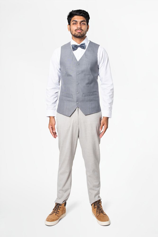 Dandy man mockup psd in vest suit with bow tie formal attire full body