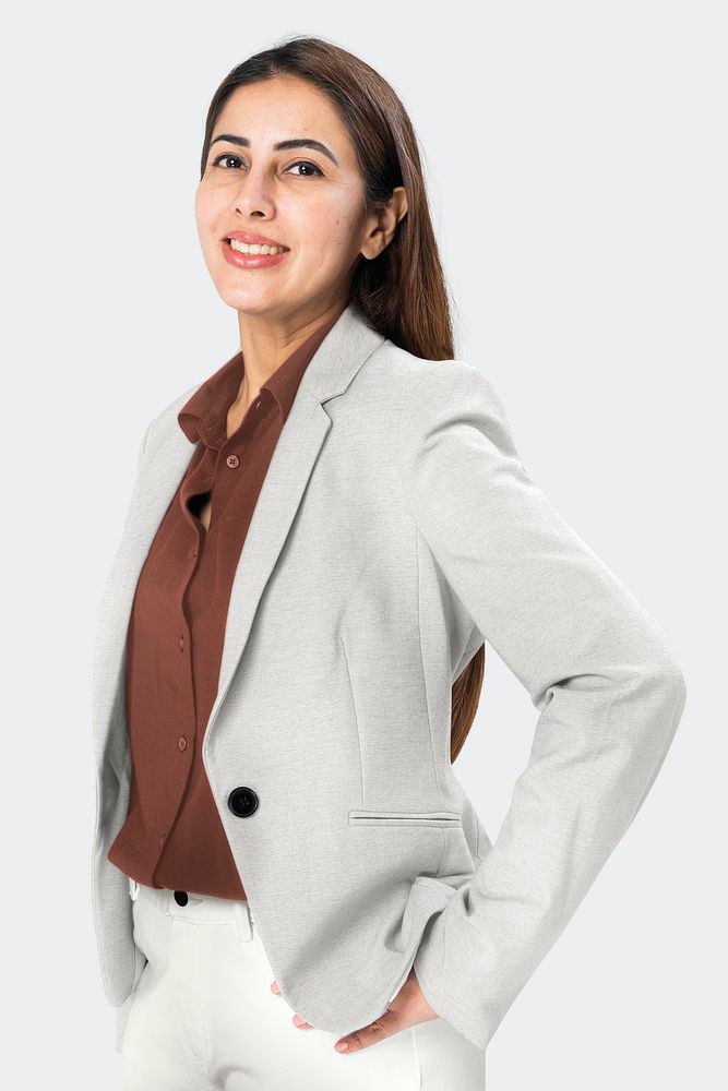 Indian woman wearing a gray blazer