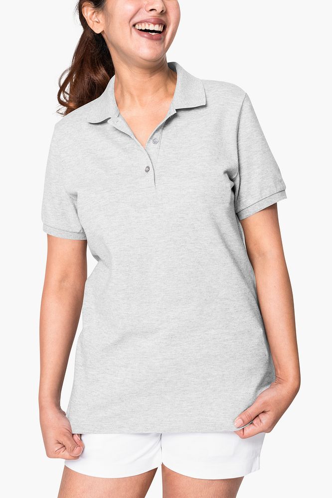 Woman wearing basic gray polo shirt apparel