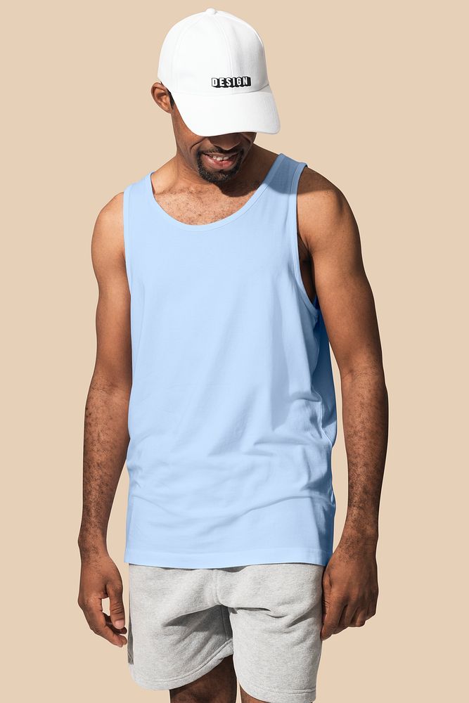 African American man wearing white tank top with white cap