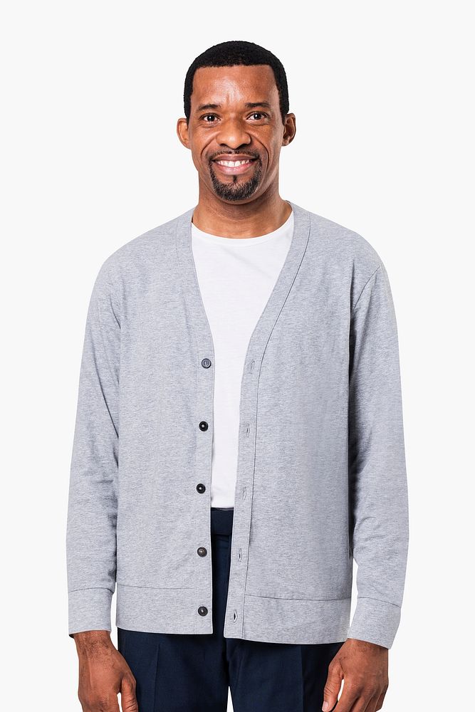 African American man wearing gray cardigan 