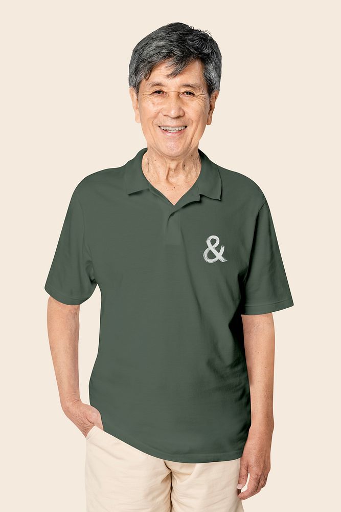 Senior Asian man in green polo shirt with logo and design space