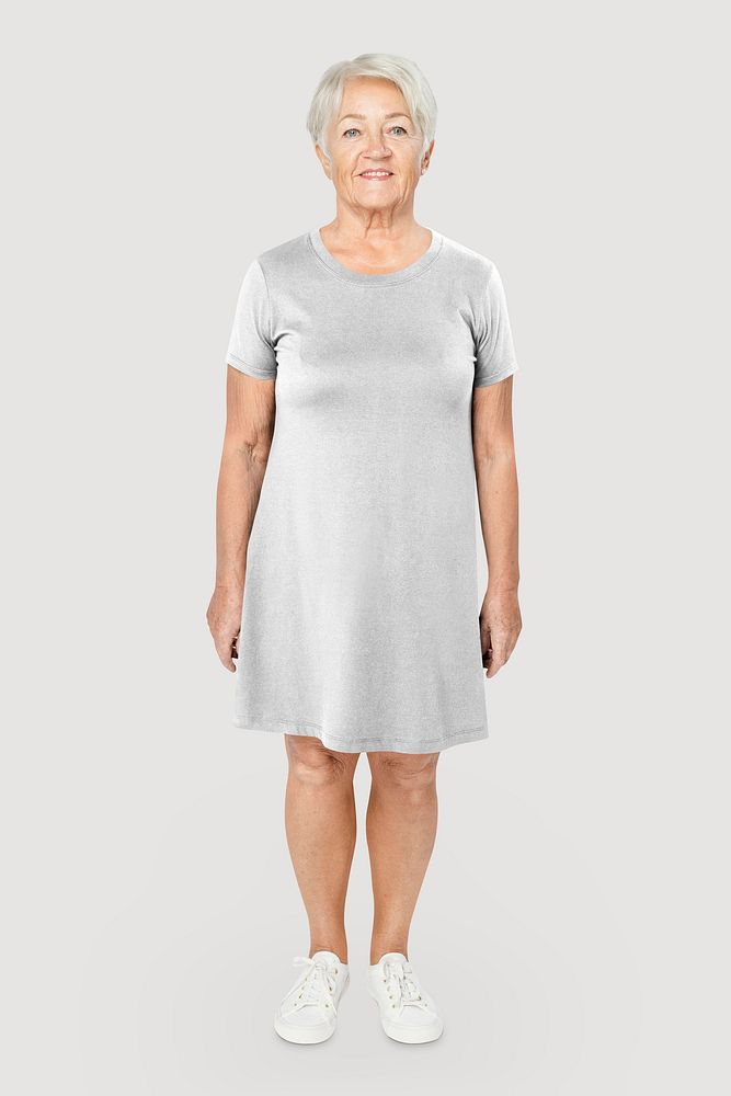 Senior woman in oversized gray t-shirt dress apparel with design space