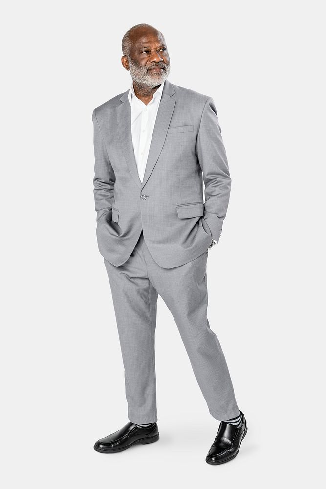 African American businessman in gray suit studio portrait full body
