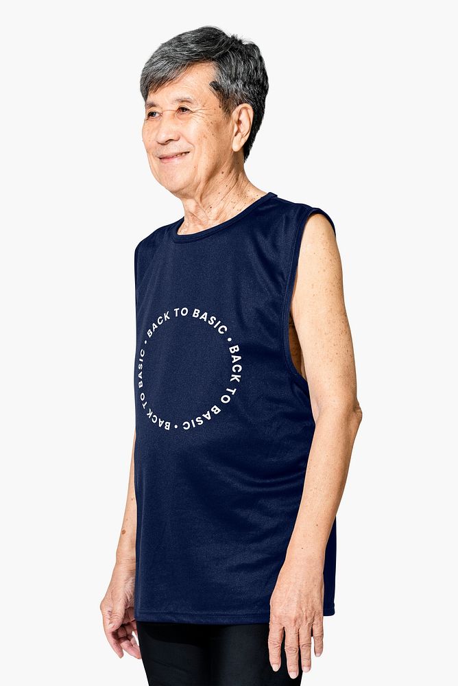 Senior Asian man in navy tank top with back to basic quote men&rsquo;s apparel
