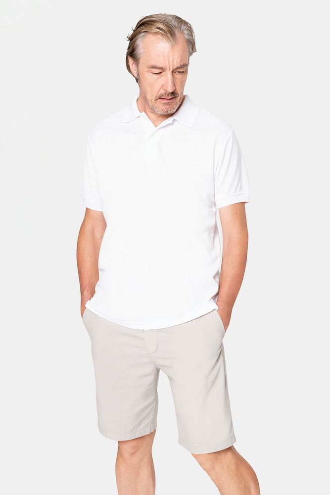 Mature man in basic white polo shirt with design space