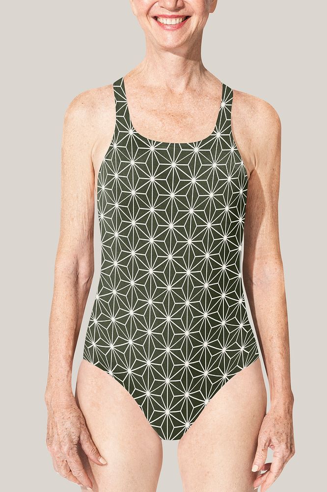 Senior woman in green one-piece swimsuit summer apparel