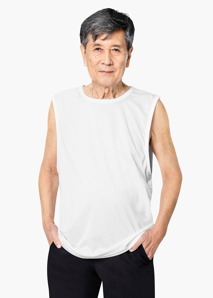 White tank top mature men&rsquo;s summer apparel with design space