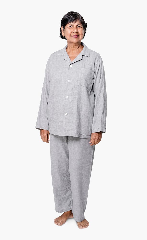 Senior woman in gray pajamas nightwear apparel full body