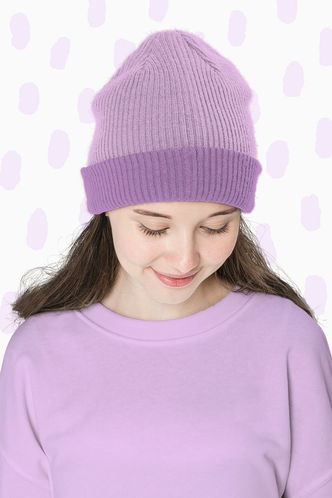 Teenage girl in purple beanie for teenage apparel shoot