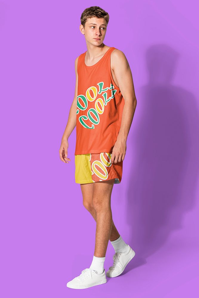 Men&rsquo;s oragne tank top and shorts for teen&rsquo;s summer apparel shoot with design space