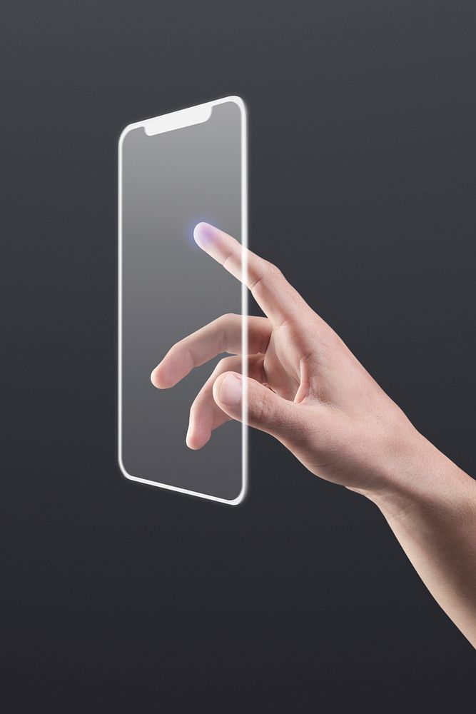 Finger touching transparent phone screen futuristic technology