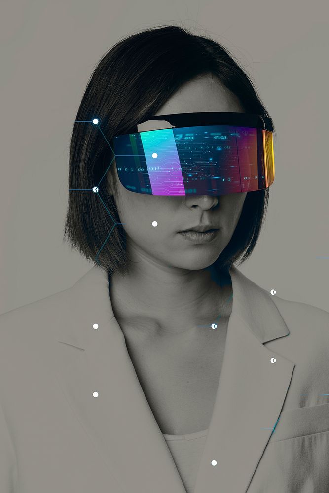 Business woman using vr headset with global communication technology