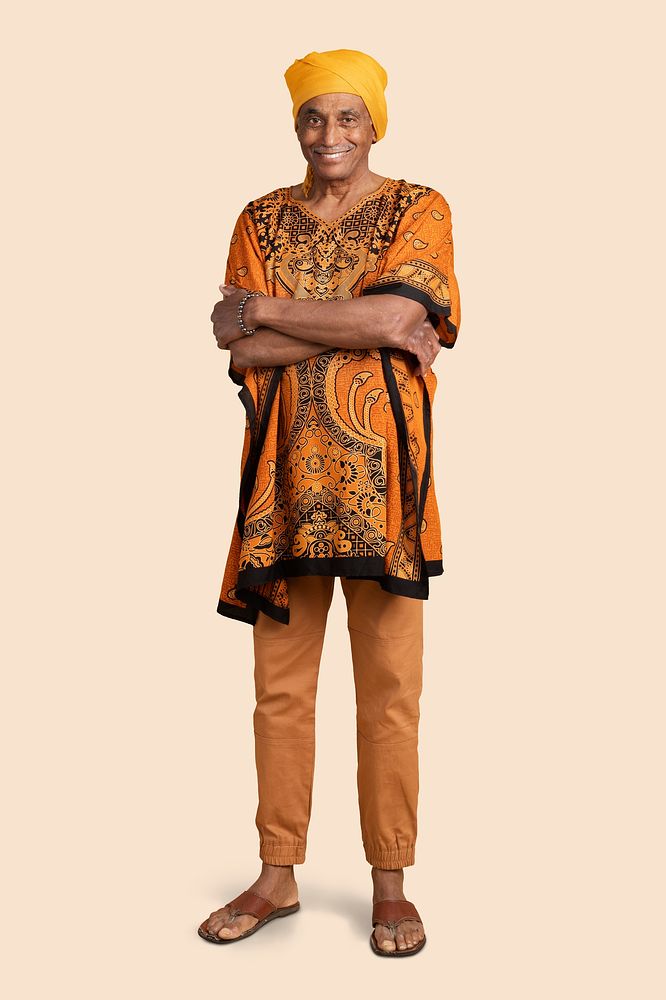 Mixed Indian senior man wearing a yellow turban and a dashiki mockup