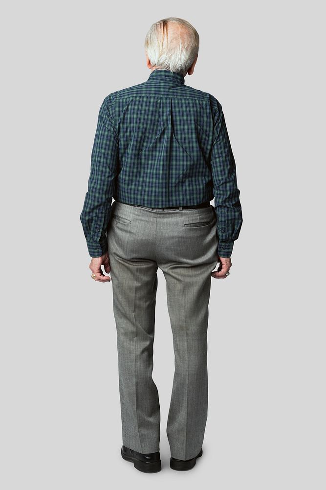 Rear view of a senior man in a tartan scott shirt mockup 