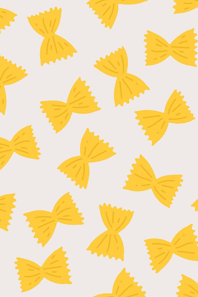Farfalle pasta pattern background vector in yellow bow shape border