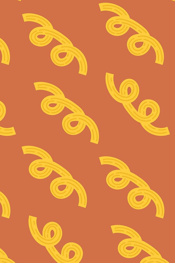 Gemelli pasta food pattern vector background in orange cute doodle style