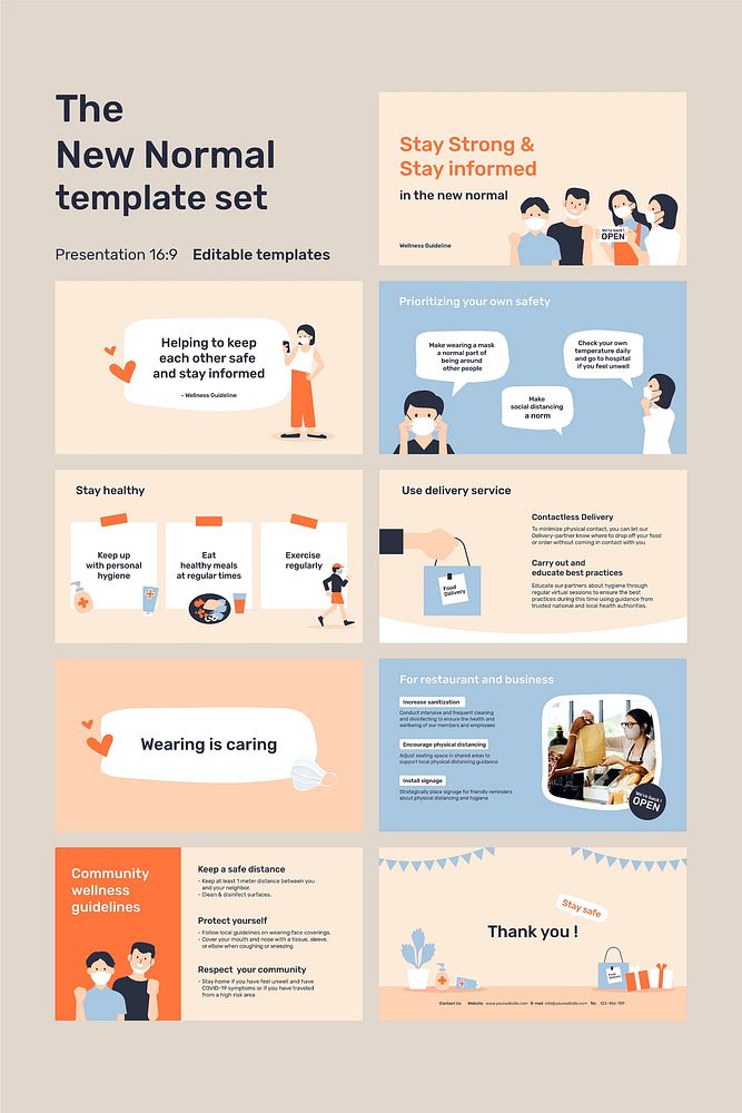 Covid-19 presentation editable template vector wellness guidelines set