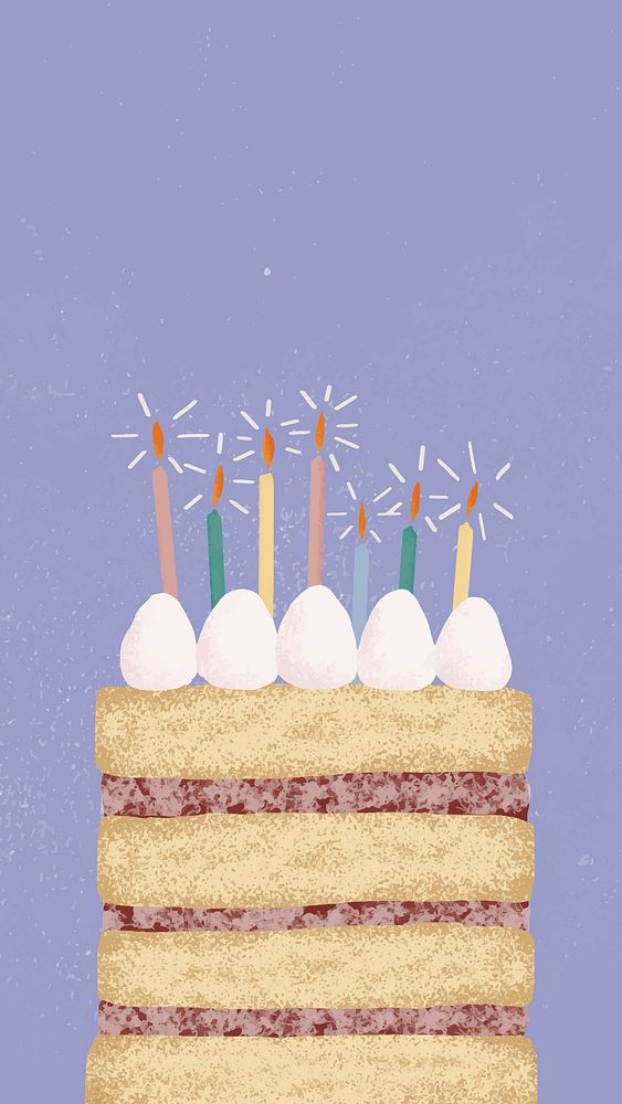 Birthday cake illustration vector in purple tone for social media story