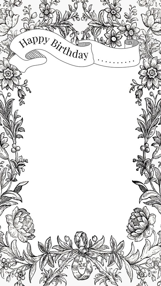 Vintage hand drawn floral frame illustration birthday greeting, remixed from public domain collection