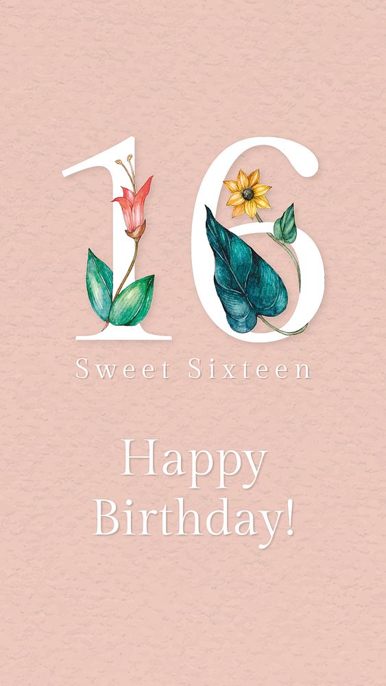 16th online birthday greeting illustration with floral number