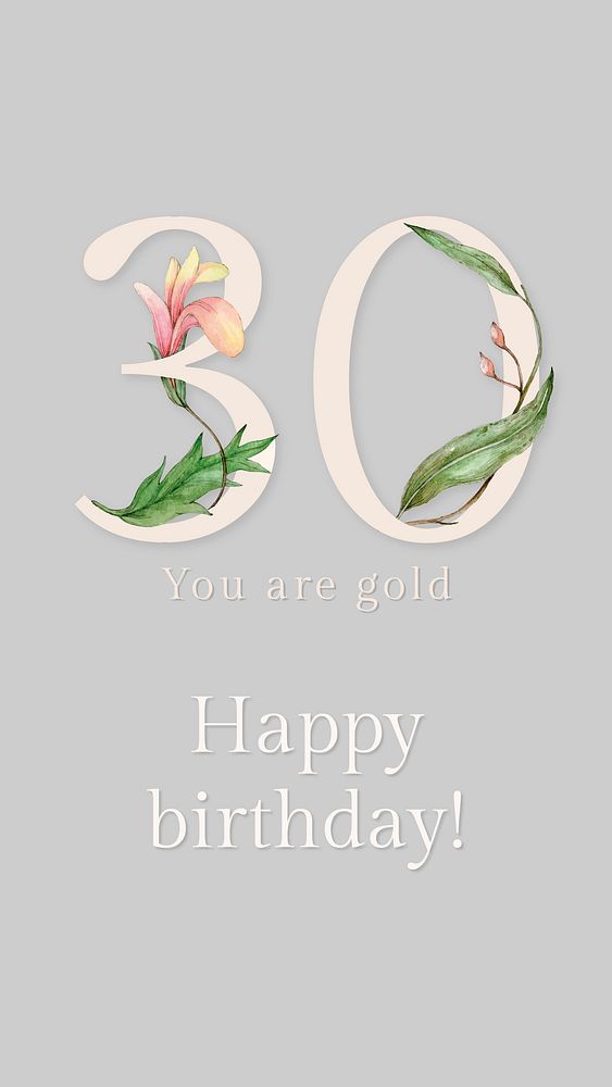 30th online birthday greeting illustration with floral number