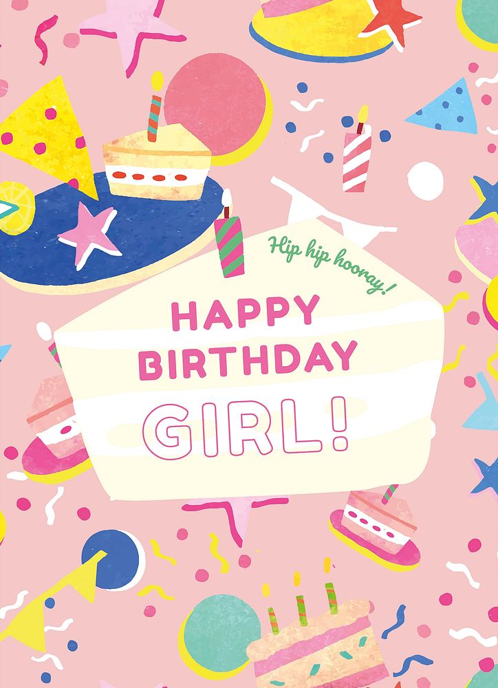 Kid's birthday greeting card with cute cake illustration for girl