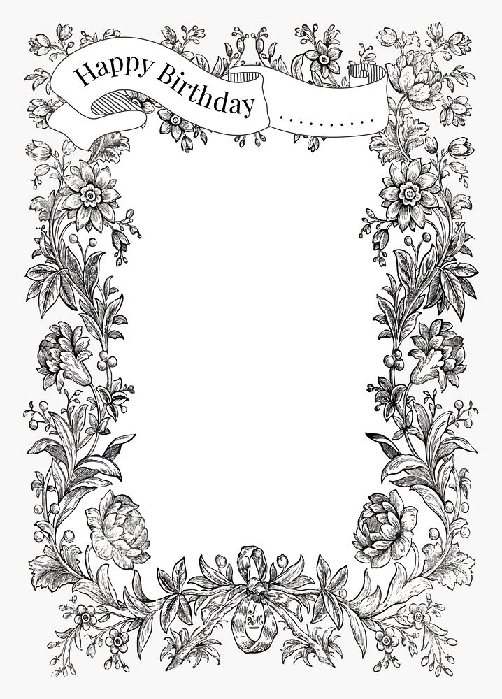 Vintage hand drawn floral frame illustration birthday wishes, remixed from public domain collection