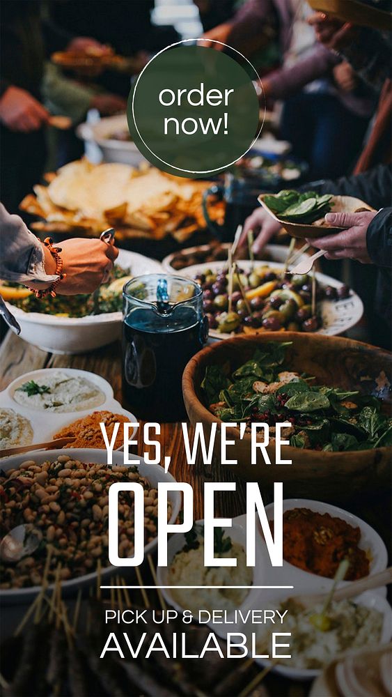 Restaurant business template vector for social media story with &ldquo;yes, we&rsquo;re open&rdquo;