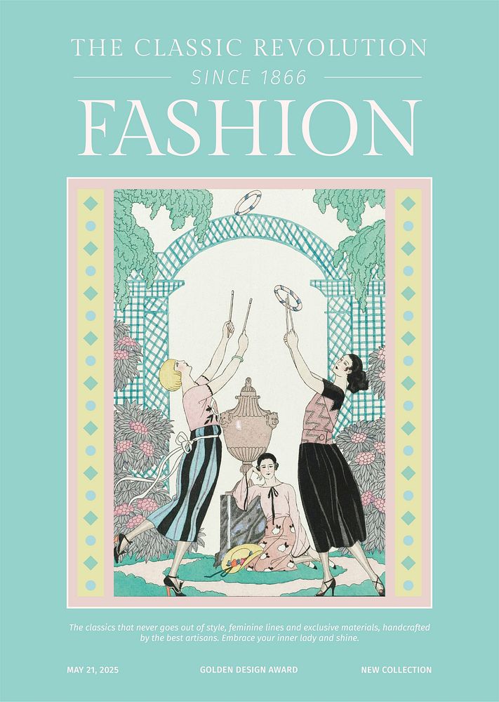 Vintage fashion template vector poster in stylish magazine style, remix from artworks by George Barbier