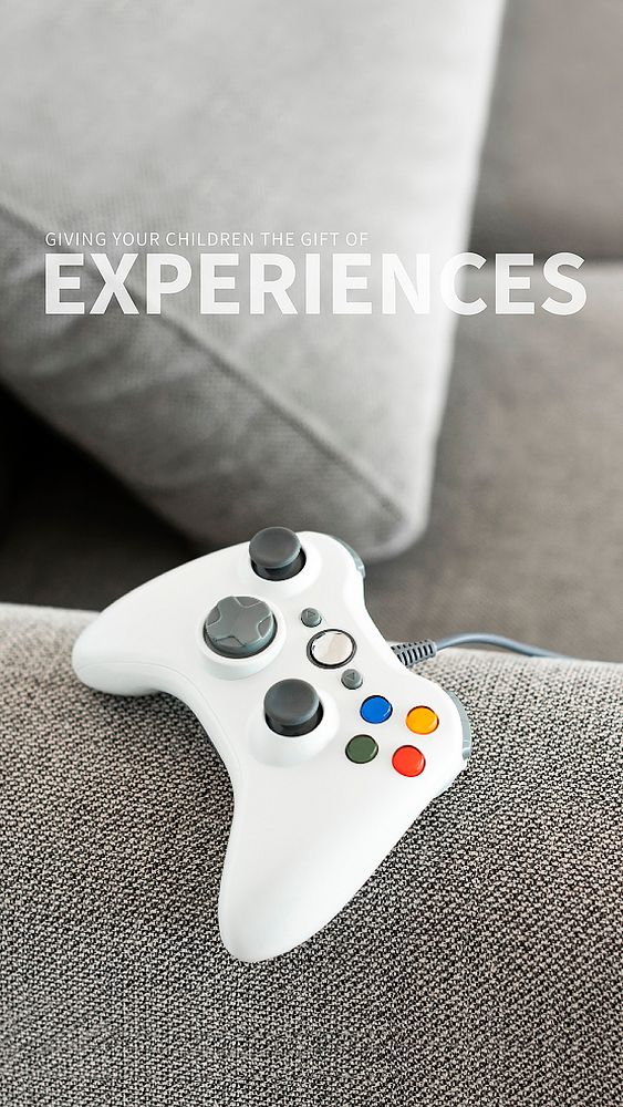 Game console on the couch with giving your children the gift of experiences text