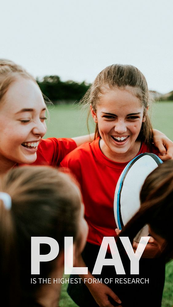 Cheerful girl&rsquo;s rugby team talking after the game with play is the highest form of research text