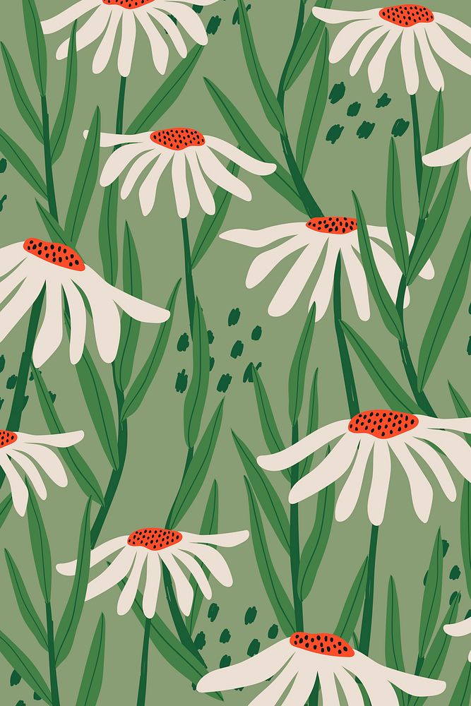 Daisy patterned green background in retro style