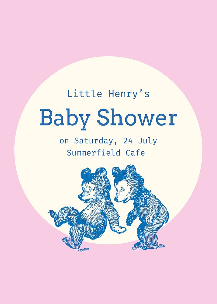 Little bears baby shower template, pink invitation poster vector