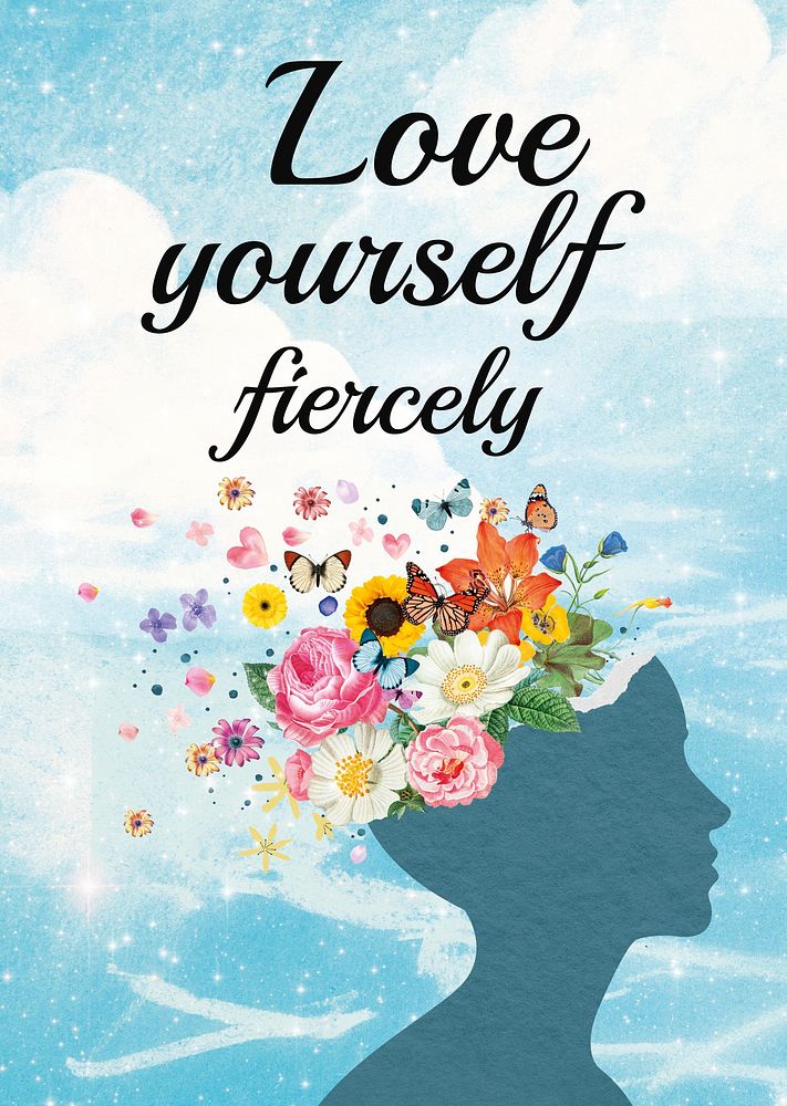 Love yourself poster template, surreal floral collage psd