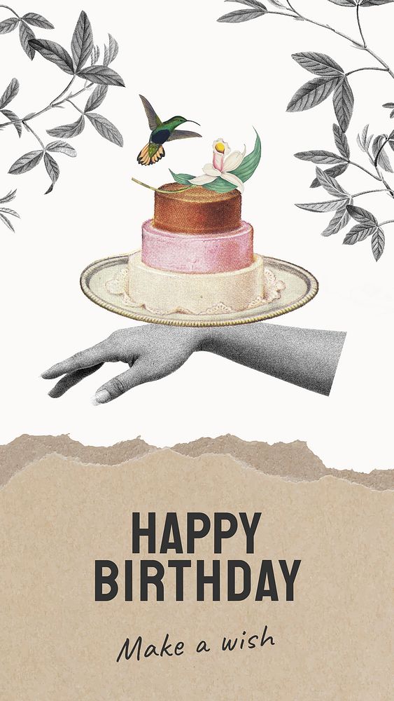 Vintage birthday Instagram story template, cake illustration vector