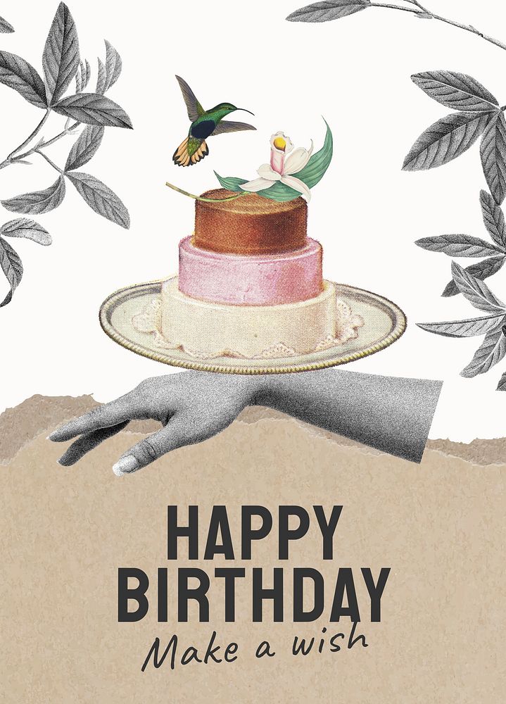 Vintage birthday poster template, cake illustration psd