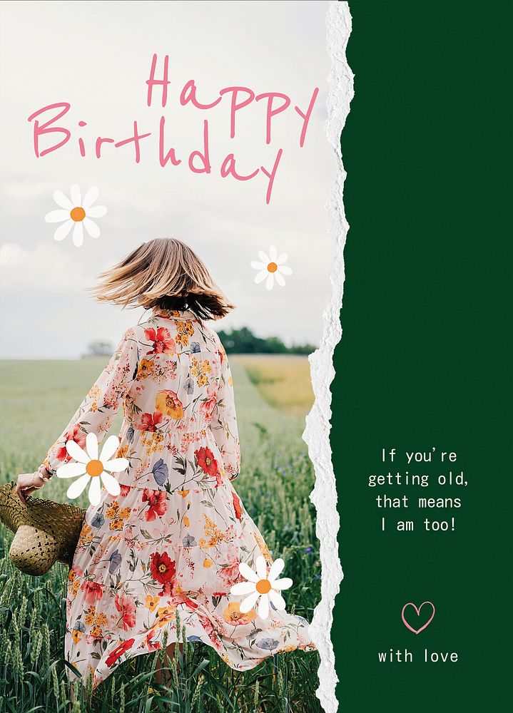 Spring birthday poster template, floral greeting card psd