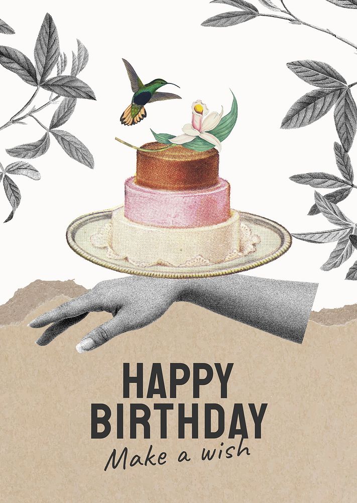 Vintage birthday poster template, cake illustration vector