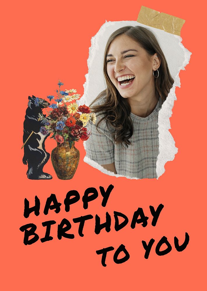 Happy Birthday poster template, ripped paper frame psd