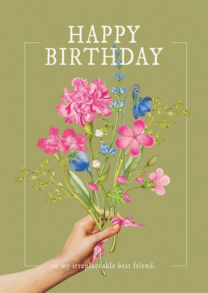 Vintage flower poster template, birthday greeting card psd