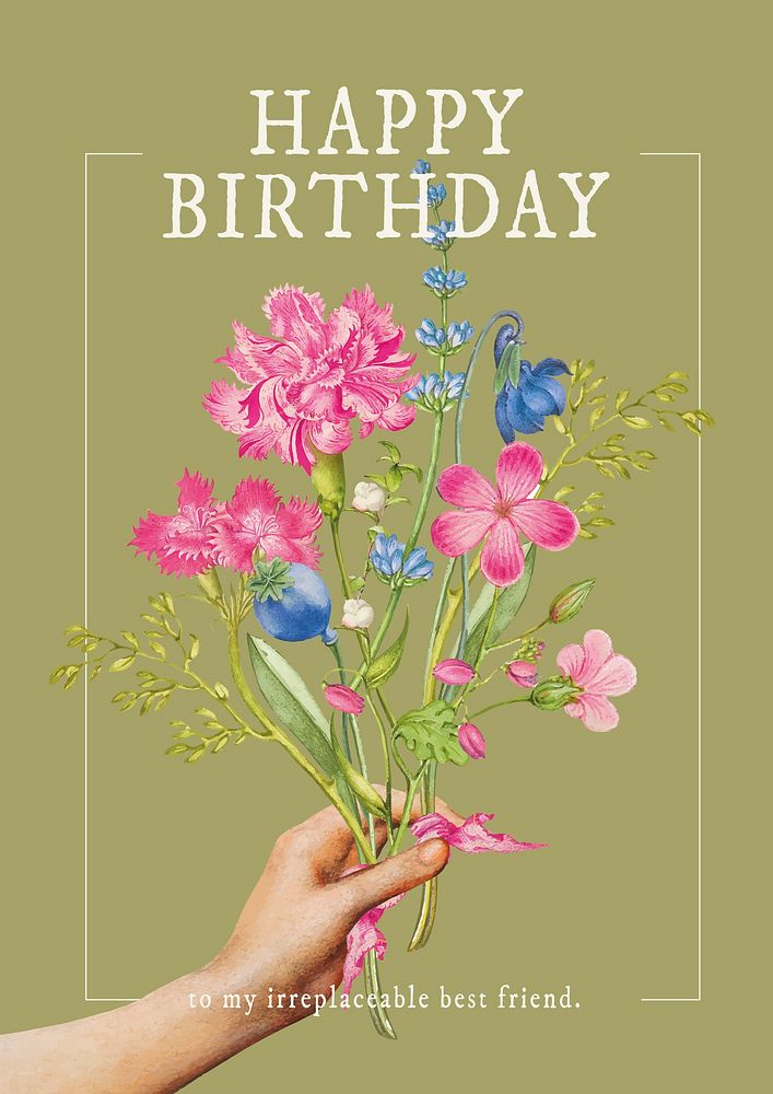 Vintage flower poster template, birthday greeting card vector