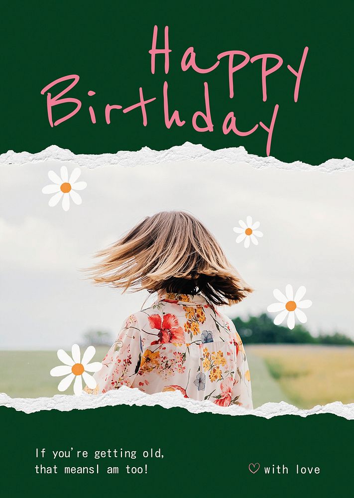 Spring birthday poster template, floral greeting card psd